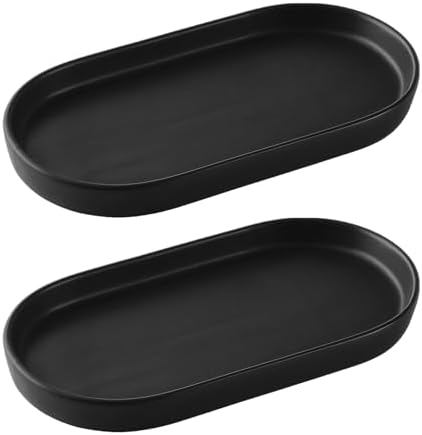 2 Pack Matte Black Round Soap Dispenser Tray - 8'' Ceramic Vanity Tray & Organizer Plate Set, Bathroom & Kitchen Countertop Decor for Soap Dispenser, Jewelry, Cosmetics, Sink by Eyrozia