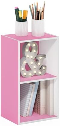 Furinno PASIR Book Shelf, 2-Tier Modern Bookshelf, Open Shelves Bookcase 9 x 12 x 21, Easy Assembly, for Living Room, Bedroom, Home Office, Pink/White by Furinno-FitsYourSpaceFitsYourBudget