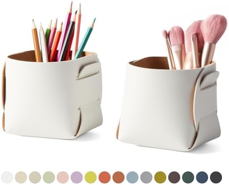 HOMIEAZICOZI 2-Pack Cork Leather Desk Accessories Storage - Pencil Pen Holder - Makeup Brush Holder Organizer - Stylish Addition to Home Decor (White) by HOMIEAZICOZI