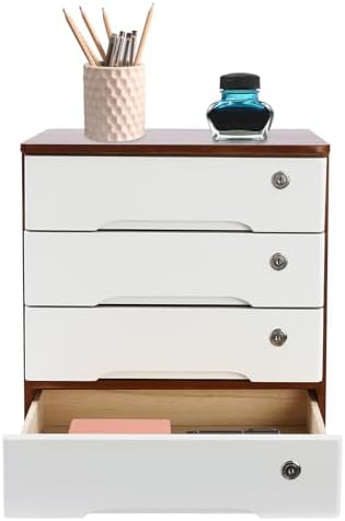 4-Tier Desktop Storage Box with Lockable Drawer, Wooden Desk Organizer for Office Supplies, Flat File Cabinet, Minimalist Design for Home & Office Use(Walnut+White) by Unknown