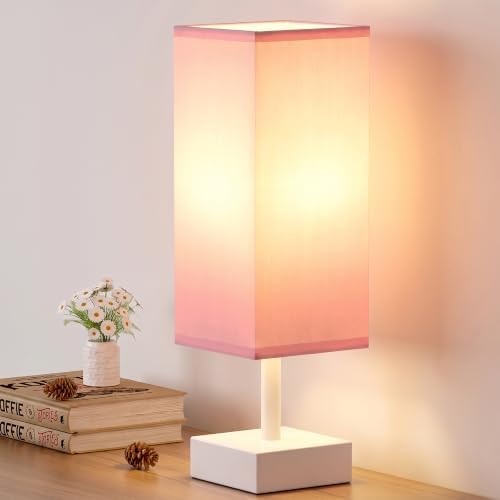 aooshine White Small Bedside Lamp for Bedroom - Square Pink Fabric Shade - Image 2