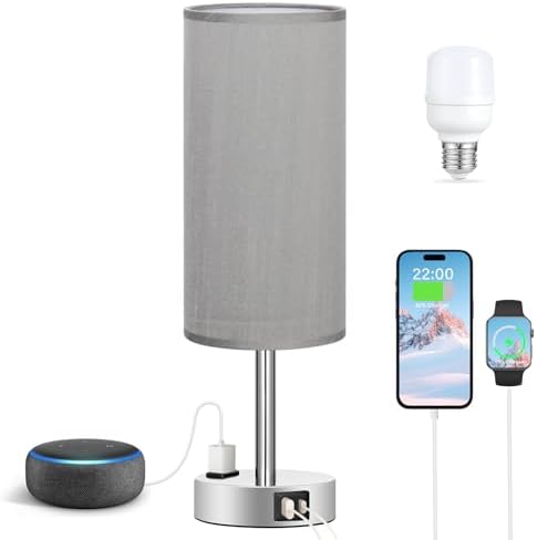 Fenmzee Grey Bedside Lamp for Bedroom, Dimmable Touch, USB A+C, AC Outlet - Image 6