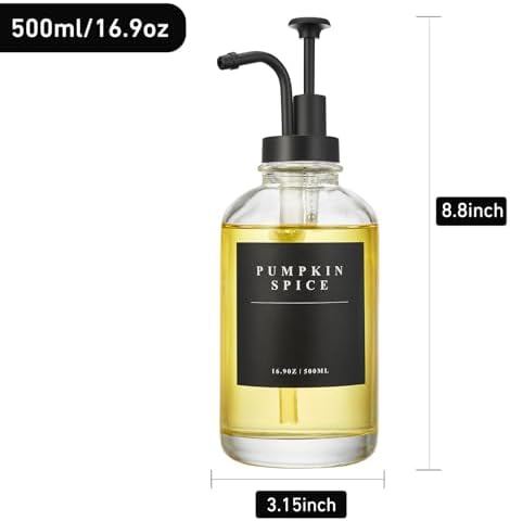 Coffee Syrup Dispenser for Coffee Bar, Coffee Syrup Pump Dispenser, Glass Syrup Bottle with Black Upgraded Pump, 4 Pack 16.9 oz 500 ml Syrup Dispensers, 28 Labels and Large Bamboo Tray - Image 3