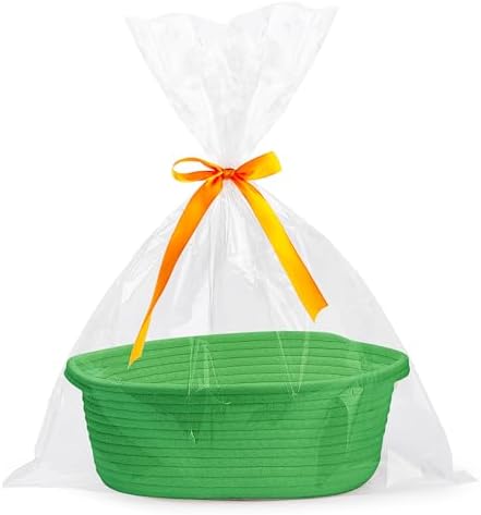 Pro Goleem Small Woven Basket with Gift Bags and Ribbons Durable Baskets for Gifts Empty Small Rope Basket for Storage 12"X 8" X 5" Baby Toy Basket with Handles, Grass Green by ProGoleem