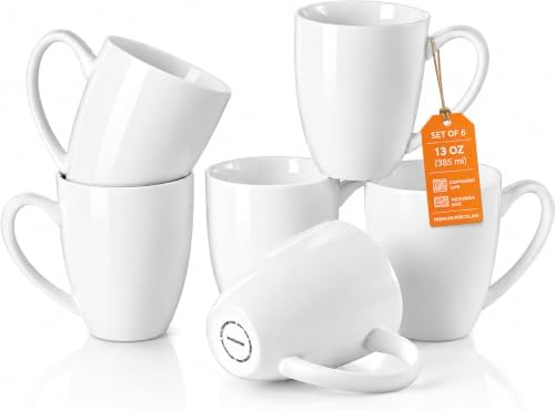 White Porcelain Coffee Mugs Set of 6, 13 Ounce Coffee Cups with Handle, Ceramic Tea Mugs for Latte, Hot Tea, Cappuccino, Mocha, Cocoa, Mug Gift Set, Dishwasher and Microwave Safe by Unknown