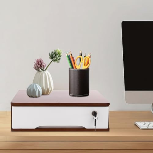 Wooden Desktop Storage Box with Lockable Drawers, Flat File Cabinet Drawer Desktop Storage Box, Countertop Storage Cabinet for Office Home Toiletries Supplies Vanity (walnut+white, 1 Drawer) - Image 5
