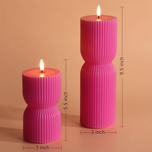 Hot Pink Ribbed Flameless Pillar Candles with Remote Set of 2 - Image 2