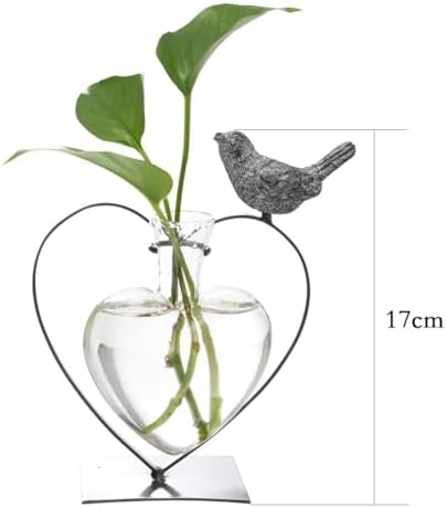 Marbrasse Desktop Glass Vase, Bulb Glass Vases for Holder, Creative Bird with Heart Planter Vase, Plant Terrarium Metal Stand for Modern Office Home Wedding Decorations - Image 3