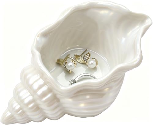 Jewelry Dish Tray For Coastal Beach Room Decor,Cute Ceramic Ring Holder Gift For Women Sister Mom Friend,Decorative Trinket Jewelry Organizer Tray For Rings Earrings Necklaces ets (WhiteConch) by KONROOWEI