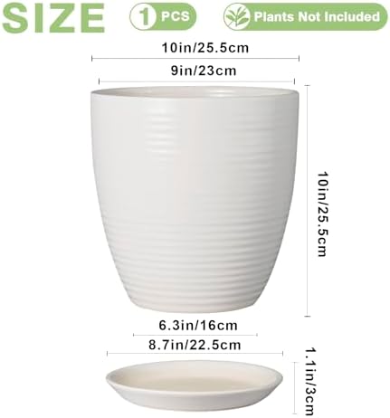 10 Inch Ceramic Planter Pot - Large Plant Pot with Drainage Hole and Saucer, Modern Round Flower Pots for Indoor Outdoor Plants, Garden Planter, White - Image 3