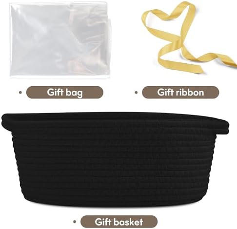 Pro Goleem Small Woven Basket with Gift Bags and Ribbons Durable Baskets for Gifts Empty Small Rope Basket for Storage 12"X 8" X 5" Baby Toy Basket with Handles, Black - Image 3