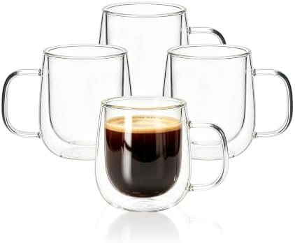 CNGLASS 8.5oz Glass Coffee Mug,Double Walled Glass Mugs with Handle,Clear Espresso Cups for Latte,Cappuccino,Tea Bag,Set of 4 by CNGLASS