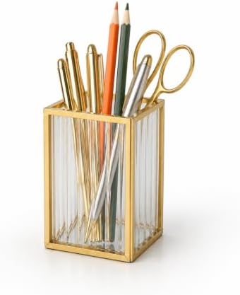 Feyarl Ribbed Glass Pen Holder Gold Metal Desk Organizer for Pens Pencils Markers Makeup Brushes Decorative Striped Glass Pencil Cup for Office Desk Vanity Home Decor by Feyarl