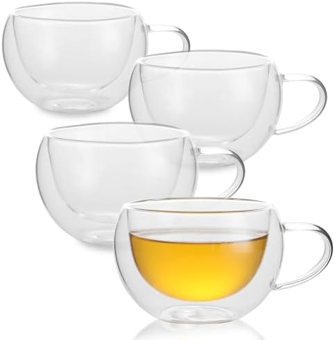 Double Wall Insulated Glass Tea Cups Set of 4, Clear Borosilicate Glass Espresso Shot Cups for Espresso Machine, Teacups Coffee Mugs with Handle for Cappuccino Latte, 7OZ/200ML by GURUDAR