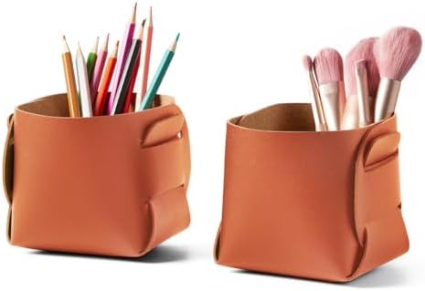 HOMIEAZICOZI 2-Pack Cork Leather Desk Accessories Storage - Pencil Pen Holder - Makeup Brush Holder Organizer - Stylish Addition to Home Decor (Orange) by HOMIEAZICOZI