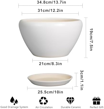 Ceramicfor Planter for Indoor Plants 13 Inch - Ceramic Plant Pot with Drainage Hole and Saucer Decorative Round Large Planter Pot for Plants Outdoor Flower Pot for Room Decor White - Image 3