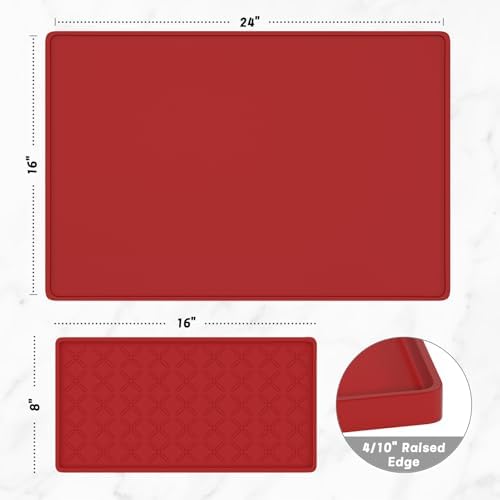 Rnivvi Silicone Coffee Mat, 16" x 24" Waterproof Raised Edge Coffee Bar Mats for Espresso Machine Station Accessories, Heat Resistant Detachable Dish Drying Pad for Kitchen Counter, Dish Rack, Red - Image 2