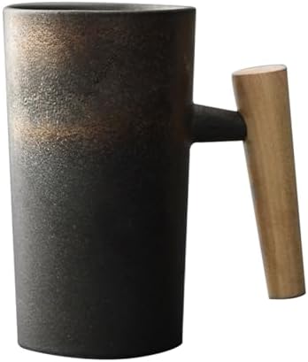 Coffee Mug with Wooden Handle 220ml Ergonomic Exquisite Stoneware Vintage Mugs Home Office Ceramic Cup for Tea Drinks Water, Gilding Glazing Color by Unknown