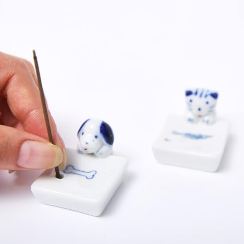 Set of 2, Japanese Mini Cute Kitty Cat with Dog Handmade White Ceramic Incense Stick Holder or Incense Burner Holder, Inscent Tray for Home Decor Yoga Spa Meditation, 1.42 inches - Image 3