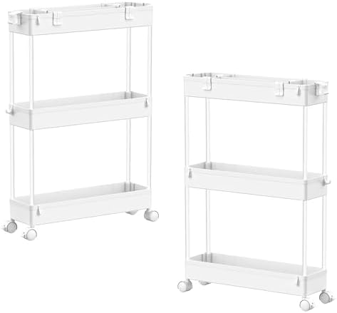 2 Pack 3 Tier Slim Storage Cart, Bathroom Rolling Utility Organizer by Home