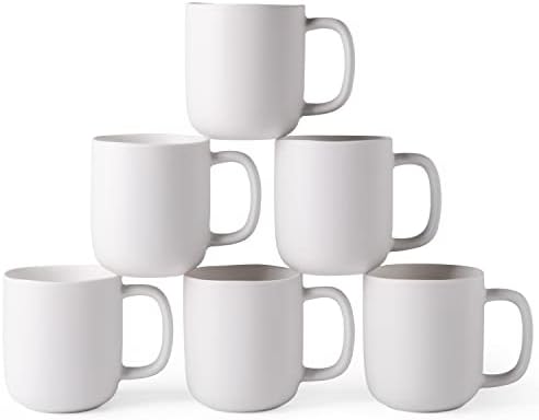 AmorArc 14oz Coffee Mugs Set of 6, Ceramic Coffee Mugs with Large Handle & Wavy Rim for Latte/Hot Cocoa/Tea, Stylish Coffee Cups for Men Women. Oven,Dishwasher&Microwave Safe, Matte White by AmorArc