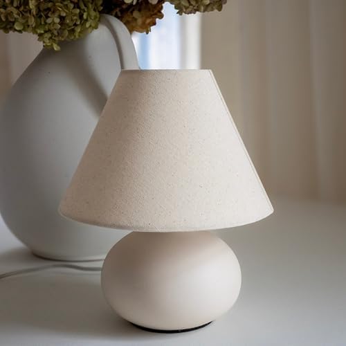 11" Small Table Lamp – Handmade Round Ceramic Cream Base with Off-White Fabric Shade, Dimmable Plug-in Nightstand or Accent Light – Organic Boho Japandi Decor for Bedroom or Small Spaces - Image 2
