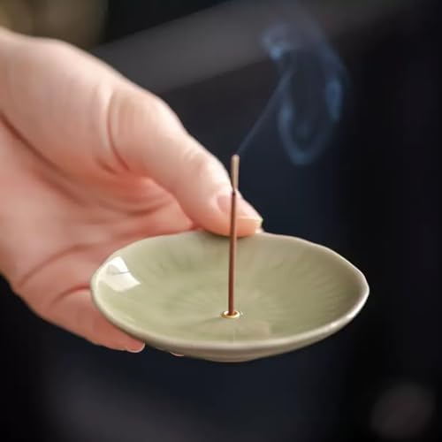 Ceramic Incense Holder Round Ash Catcher Tray, Green - Image 2