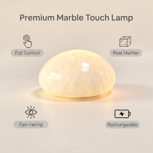 Natural Marble Lamp Cordless Touch Control Night Light 3-Way Dimmable Pat Light LED Ambient Glow Lamp Type-C Rechargeable Portable Stone Bedside Desk Lamp Zen Home Decor (White B) - Image 6