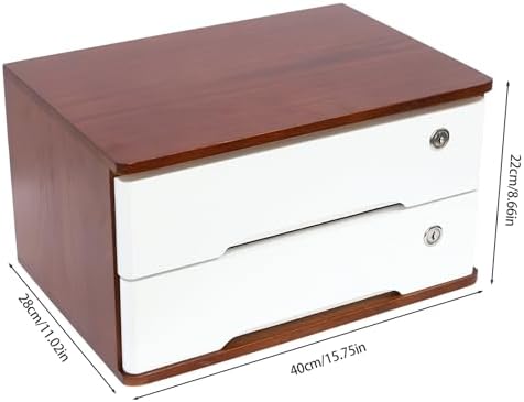 2-Tier Desktop Storage Box with Lockable Drawer, Wooden Desk Organizer for Office Supplies, Flat File Cabinet, Minimalist Design for Home & Office Use(Walnut+White) - Image 3