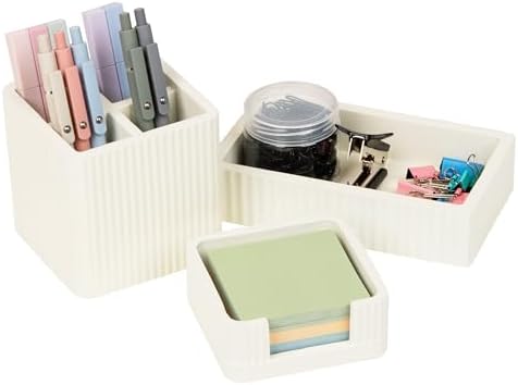 Mind Reader 3-Piece Cement Desk Organizer Set, Desktop Accessory Kit with Pen Cup, Sticky Note Holder, Catch-All Tray, Modern Office Decor, Cement, Cream by MindReader