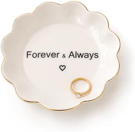 Ceramic Ring Dish Jewelry Tray, Small Trinket Dish with Gold Rim, Minimalist Jewelry Holder for Rings, Earrings, Gift for Women, Vanity Decor (Forever & Always) by WOODme