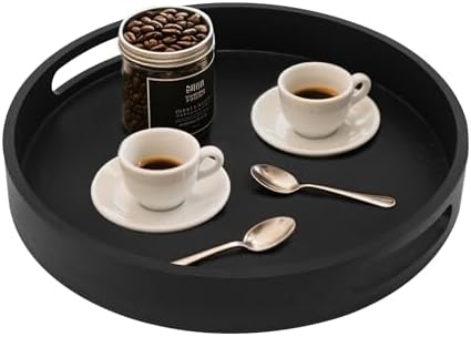 11.8" Round Wooden Decorative Tray with Handles,Black by Unknown