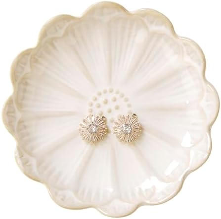 Lotus Ring Holder Dish Small Indoor Ash Tray, Ceramic Dessert Plate Trinket Jewelry Holder Organizing Necklace Earrings for Parents Friends Sister, White. All Jewelries Are NOT Included. by JAMEND+CLXP