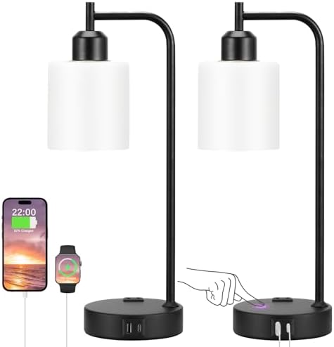 Industrial Touch Bedside Lamps for Bedrooms Set of 2 - 3-Way Dimmable Nightstand Lamps with USB C+A Ports and Outlet, Table Lamps with Opal Glass Shade for Living Room, Desk Lamps for Home Office by Innqoo
