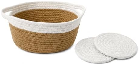 Small Cotton Rope Basket - White Woven Storage Basket with Handles, Desktop Organizer for Keys, Remotes, Makeup, Soft Decorative Bin for Bathroom, Office Shelf (White/Khaki) - Image 4