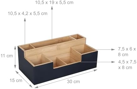 Relaxdays Bamboo Desk Organiser, 7 compartments, HxWxD: 11x30x15 cm, Office Storage, Desk Box, Black/Natural - Image 4
