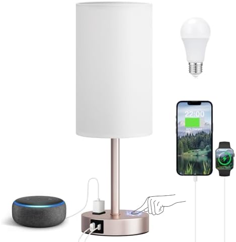 17.4" Antique White Lamp for Bedroom - Dimmable Touch, USB A+C, AC Outlet by Fenmzeelighting