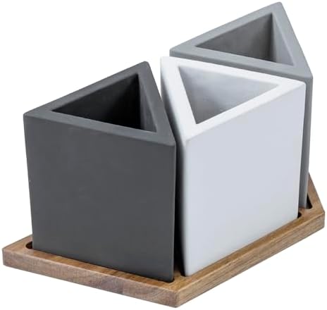 MyGift Modern Concrete Desk Organizer Set with 3 Triangular Gray-Tone Pen Holders and Acacia Wood Tray, 4-Piece Office Storage Solution for Pens, Pencils, and Supplies - Image 6