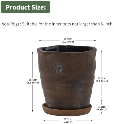 6 Inch Ceramic Planter Set of 2 with Drainage Hole and Saucer for Plants, Indoor-Outdoor Large Irregular Succulent Orchid Flower Pot- Cement Paint, Inner-pots not Larger Than 5 Inch - Image 4