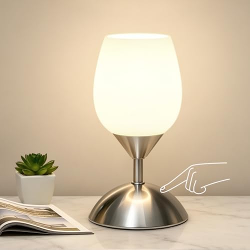 Small Touch Lamp for Bedroom Nightstand, 3-Way Dimmable Bedside Lamps Opal Glass Desk Lamp Silver Base, Tiny Table Lamp for Small Spaces Ambient Lighting for Living Room, E12 Bulb Included by Boncoo