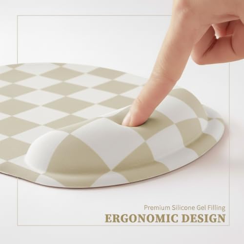 Ohocut Beige White Checkered Mouse Pad with Gel Wrist Rest, Wrist Support, Ergonomic Desk Accessories for Women, Office Laptop Gaming Decor, Cute Aesthetic Check Design - Image 5