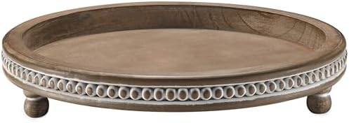 Handmade 12 Inch Decorative Tray, Small Beaded Tray Coffee Table Decor, Warm Brown Round Wooden Tray for Coffee Table, Dining Room Table Entryway and Living Room Table by KULEDM