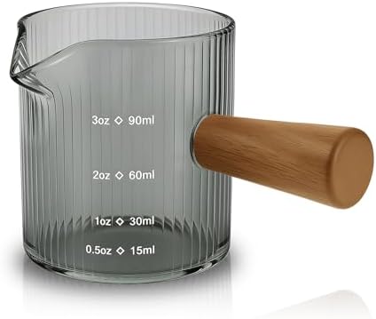 Espresso Measuring Cup 3 Oz, Espresso Glass Cups with Wood Handle, Milk Frothing Cup, Espresso Cup for Coffee, Milk, Tea or Maple Syrup Serving (Gray, 3 oz) by Unknown