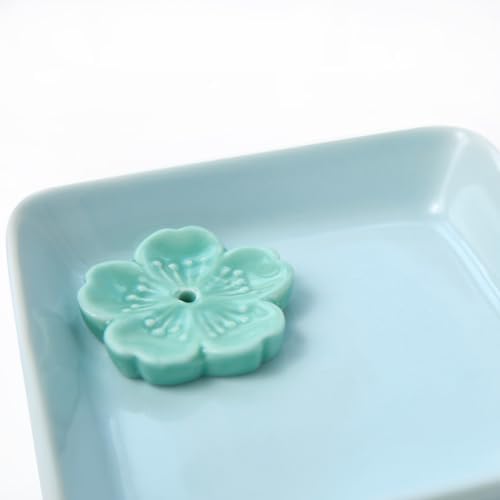 Japanese Ceramic Handmade Cute Cherry Blossom Incense Stick Holder or Incense Burner Holder, Simply Unique Ash Catcher Inscent Tray and Decorative Gift, Home Decor 4.49 inches, Square Blue - Image 4