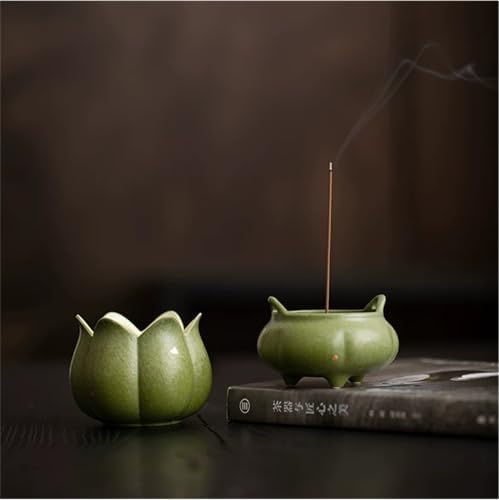 Hermit Life Incense Burner with 9 Holes Stick Holder, Lotus Bud or Tripod Ding Shape Design and Matte Ceramic Surface for Home Décor, Incense Stick Holder with Ash Catcher (Green Tripod Ding) - Image 6