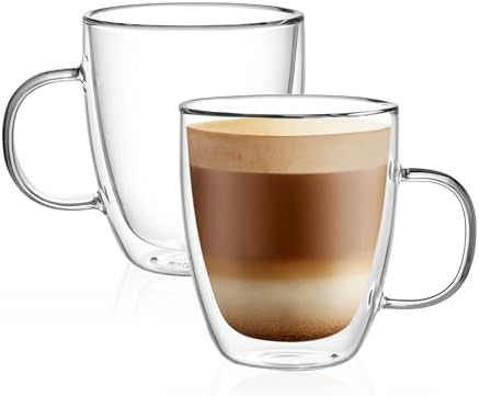 CNGLASS Double Wall Glass Coffee Mugs 12 oz,Insulated Glass Coffee Cups with Handle,Clear Espresso Mugs for Cappuccino,Latte,Tea Bags,Hot and Cold Beverages,Set of 2 by CNGLASS