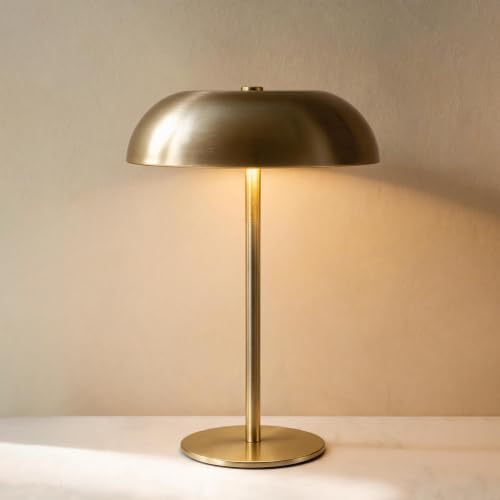 Portable LED Mushroom Table Lamp, Cordless Gold Table Lamp with 3 Color Stepless Dimming, Touch Control, Adjustable Height, Touch Lamp for Nightstand, Bedroom, Coffee Table, Bar, Restaurant (Golden) by BRASSLISM