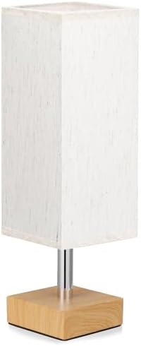 Wood-Grain Small Bedside Lamp for Bedroom - Square Cream Fabric Shade - Image 2