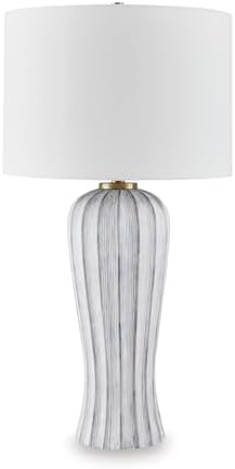 Signature Design by Ashley Lanwell Table Lamp, Tall 32" Antique Gray Fluted Base, Transitional Style Cotton Drum Shade for Living Room and Bedroom Nightstand, 3-Way Switch, 150W Max by Unknown