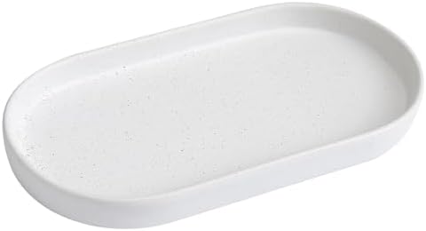 Speckled White Round Soap Dispenser Tray - 8'' Ceramic Vanity Tray for Bathroom Decorative, Jewelry Ring Dish, Comestic Holder, Kitchen Sink Countertop Organizer Plate by Eyrozia